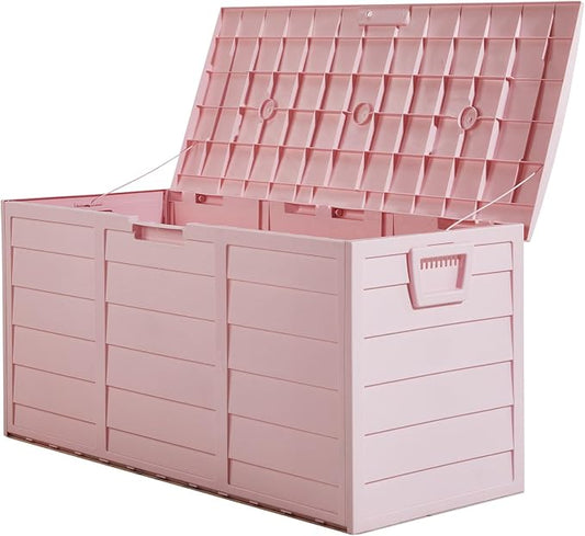 75 Gallon Outdoor Deck Box, Lockable Patio Outdoor Storage Box with Wheels, Waterproof Deck Storage Boxs for Furniture, Garden Tools Poolside and Tools Storage, Pink