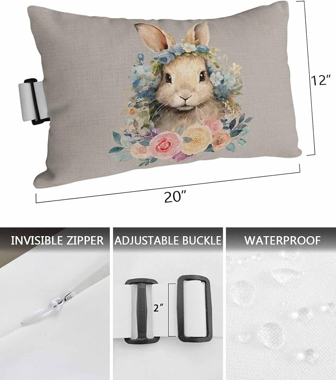 Chaise Lounge Head Resting Pillows,Easter Rabbit Watercolor Flower Floral Grey Outdoor Chaise Pillows,Waterproof Patio Furniture Pillows with Insert and Adjustable Elastic Strap for Beach Chair