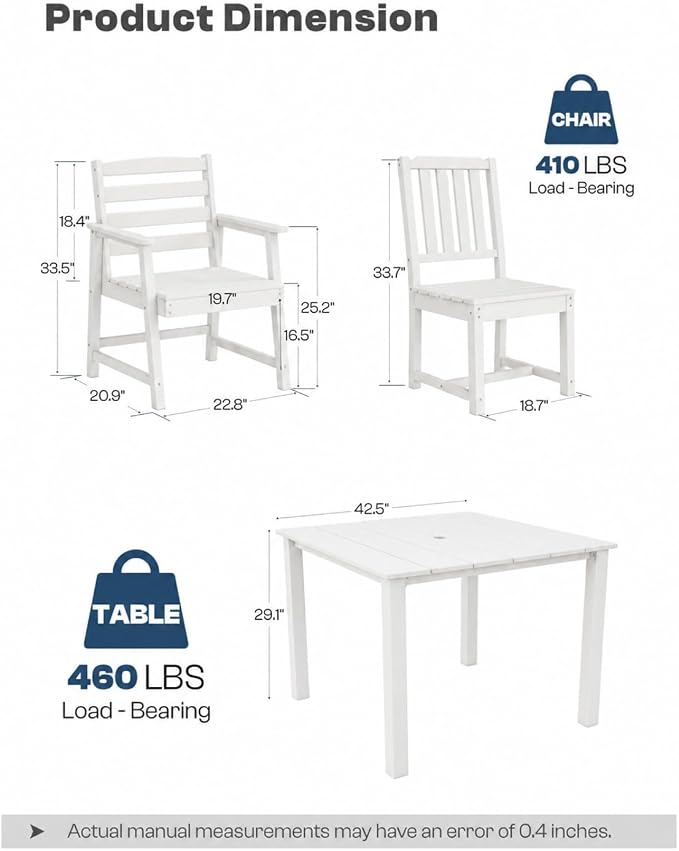 HDPE Outdoor Dining Set for 4, Square Table and Chairs, White | All-Weather HDPE, Wood Grain Finish, 42.5" Square Table, Built-In Umbrella Hole, Seats 4, Patio & Poolside Ready