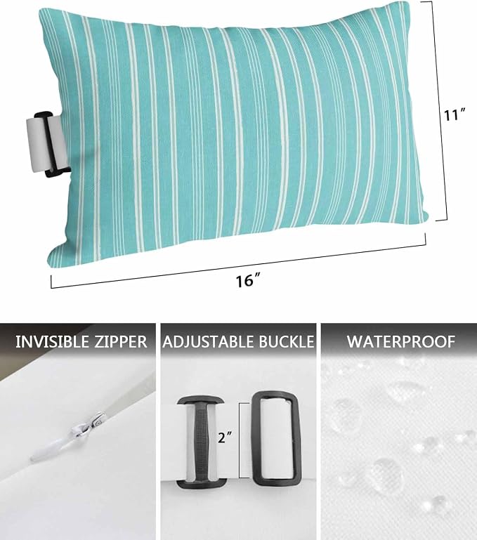 Pack of 2 Outdoor Lumbar Pillow Covers 11x16 Inch, Teal Blue Striped Waterproof Throw Pillow Covers Set, Farmhouse Stripes Modern Vintage Indoor&Outdoor Decorative Cushion Cases for Patio Porch Car