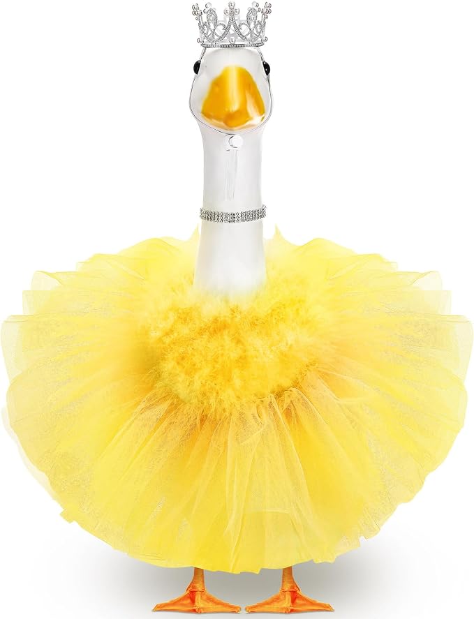 4 Pcs Princess Porch Goose Outfit for 23" 17" Cement Lawn Goose Costume Crown Necklace Tutu Skirt Feather Trim(Yellow)