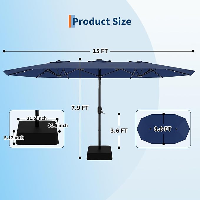 KYBOLT 15 Ft Large Patio Umbrella with Solar Lights, Outdoor Double-Sided Rectangle Umbrella with Base, Outdoor Umbrella for Backyard, Pool, Patio, Navy Blue