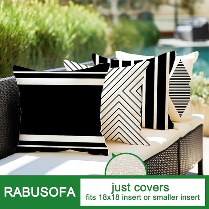 Outdoor Pillows Covers 18x18 Waterproof,Black and Beige Set of 4(No Insert) | for Covered Patio Furniture Couch Sunbrella,No Insert Just Covers,Durable Polyester,Fit 18x18 inch Inserts or Smaller,Boho