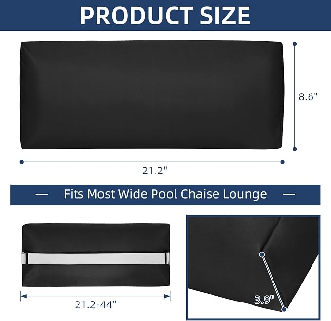 Headrest Pillow for Pool Chaise Lounge, Pool Lounge Pillows Outdoor with Elastic Band for Recliner and Pool Patio Chairs, Head Neck Support Pillow (Black, 22x8.6x3.9)