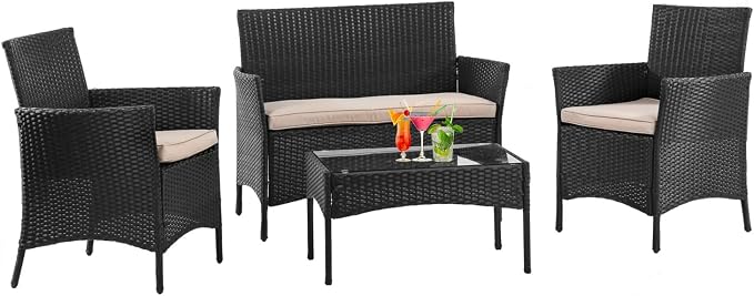 NChanmar Patio Furniture Set, 4 Pieces Outdoor Furniture Rattan Chair, Patio Table and Chairs Set, Wicker Sofa for Yard,Pool and Backyard, Black