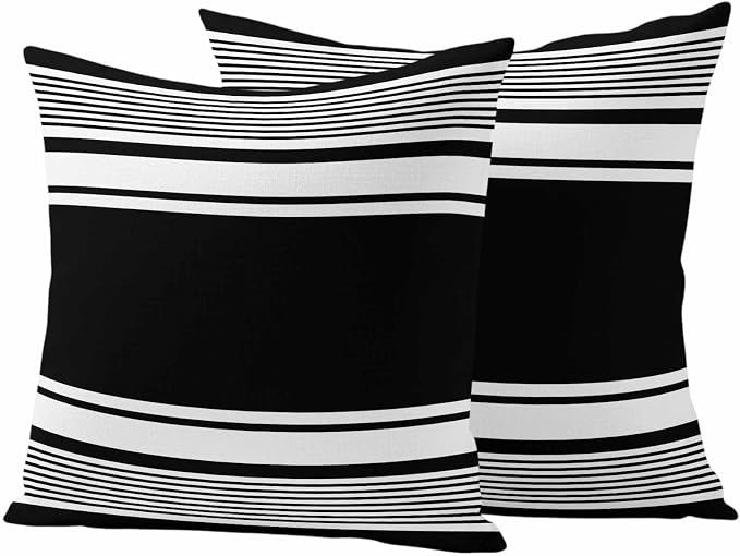Outdoor Waterproof Throw Pillow Covers, Black Striped Decorative Pillow Cases, Modern Color Block Farmhouse Stripes Couch Pillow Protector Patio Sofa Cushion Covers Replacement 26"x26" 2 Pack