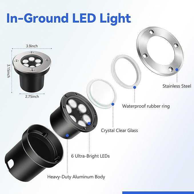 JESLED Low Voltage Landscape Lights, 6W LED Well Lights IP67 Waterproof, 3000K Warm White In-Ground Lights with Wire Connectors for Pathway, Deck, Patio, Yard, Garden (4 Pack)