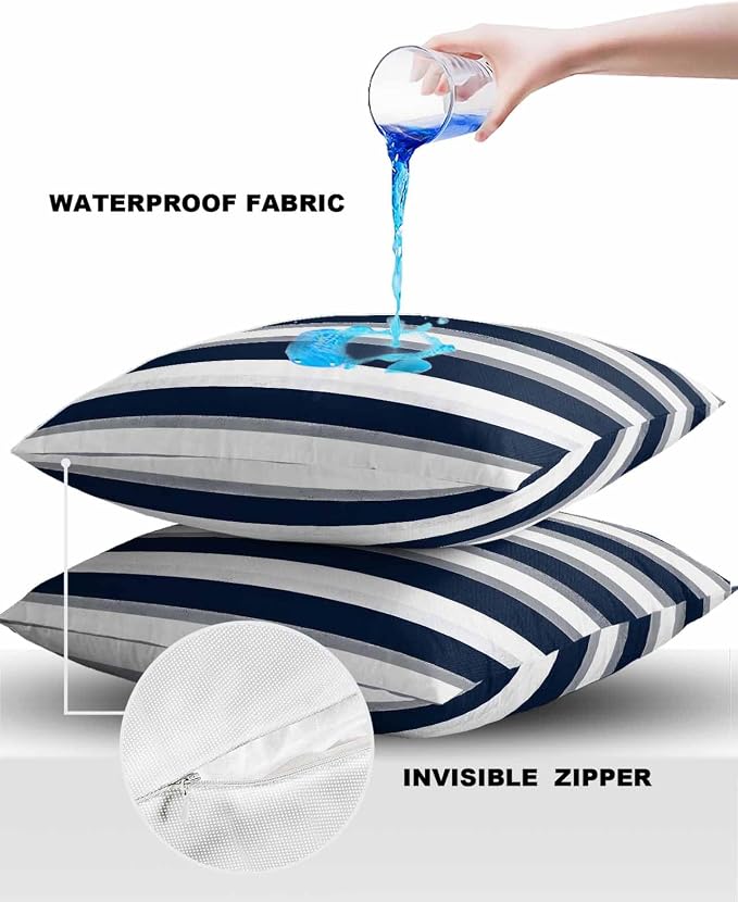 Pack of 2 Blue Grey White Stripes Outdoor Pillow Waterproof Covers 18x18 inch, Classic Geometric Polyester Throw Pillow Covers Garden Cushion Decorative Case for Patio Couch Decoration