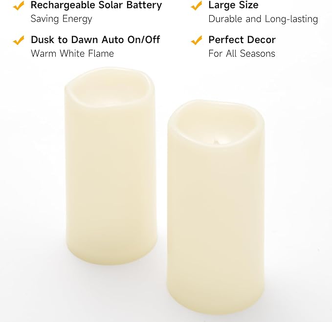 NURADA Large Outdoor Solar Candles Waterproof - 8" x 4" Rechargeable Solar Powered Flameless LED Pillar Flickering Candle for Patio Porch Lanterns Decor - Ivory Set of 2