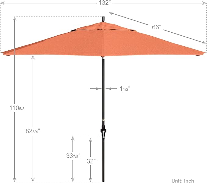 California Umbrella 11Ft Premium Sunbrella Patio Umbrella, Hand-Crank, Tilt-Collar, Bronze Frame, Melon Fabric