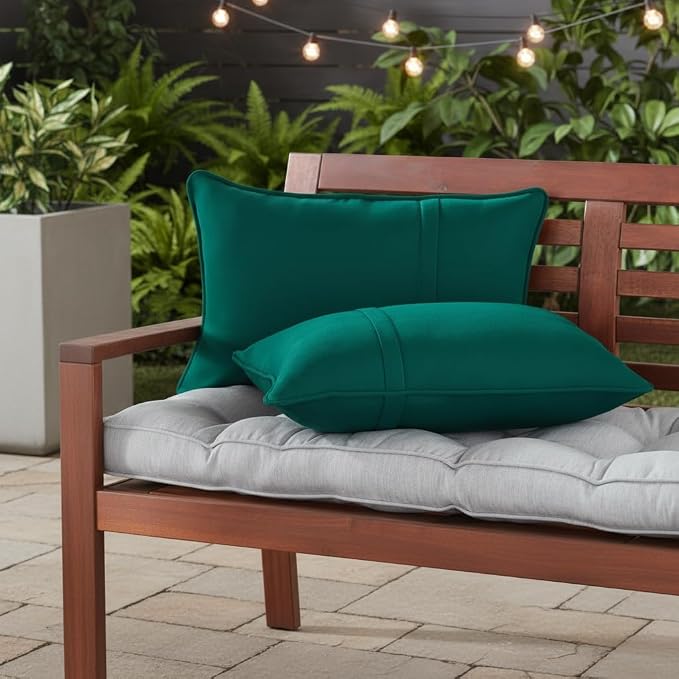 Sunbrella Rectangular Outdoor Throw Pillows 21x14 Set of 2 - Corded Lumbar Patio Accent Pillows with Pleated Design & Removable Zipper Covers – Weather & Fade Resistant Pillows, Canvas Forest