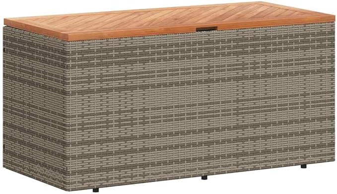 Outdoor Garden Storage Box with Seat, 43.3 Inch Rectangular Deck Bin for Patio, Balcony, Backyard, Gray Synthetic Poly Rattan Furniture Organizer