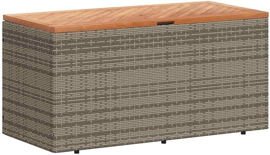 Garden Storage Bench with Acacia Wood Top, PE Rattan Outdoor Storage Box with Water-Resistant Bag and Gas Spring, Gray Patio Furniture for Cushions and Blankets