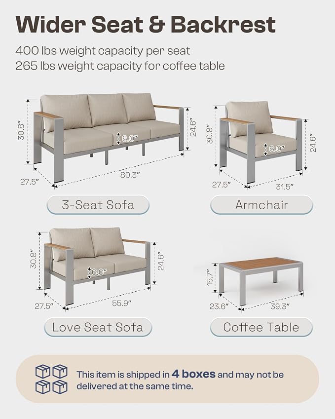 Aluminum Outdoor Patio Furniture Set with Coffee Table, 5 Piece Outdoor Conversation Sets with Washable Thick Cushions, Patio Sectional Furniture Set for Porch, Lawn, Garden, Silver