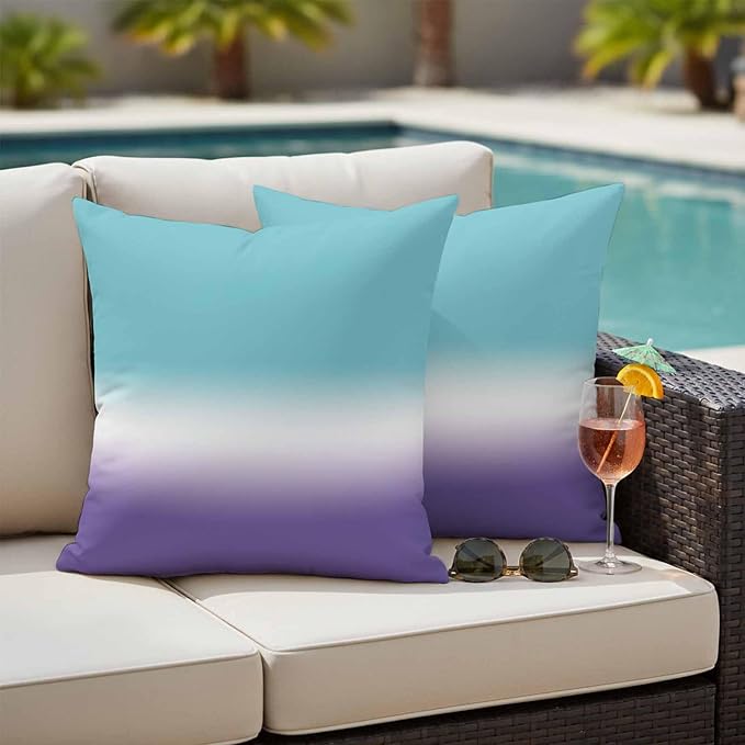 Gradient Blue Outdoor Waterproof Throw Pillow Covers Set of 2, 18"x18", Teal to Purple Decorative Pillow Covers Outside Cushion Case for Patio Porch Garden