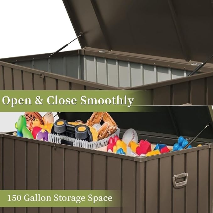 160 Gallon Waterproof Outdoor Deck Box Storage Chest in Dark Gray, Large Capacity Patio Storage for Garden Tools, Cushions, and More (150 Gallon (Dark Brown))
