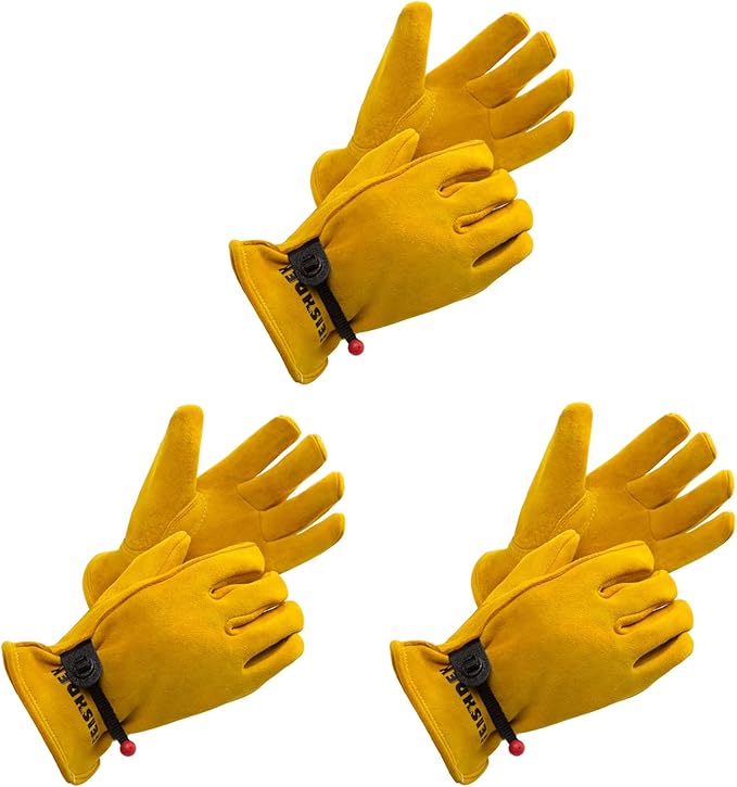 Kids Leather Gloves, Youth Work Glove 12-14Y (Yellow 3 Pairs, XL) | Adjustable Band, Durable, Flexible Toddler Youth Leather Gloves for Kids Yard Work, Working, Gardening, Child 2-14 Years Old