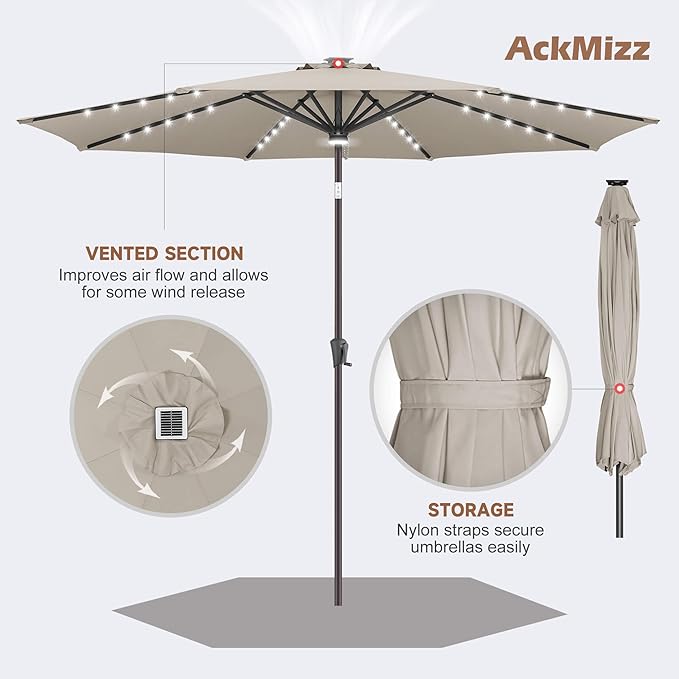 11ft Solar Umbrella Outdoor - Lighted Solar Patio Umbrella with 40 LED Lights Waterproof UV Protection, Table Umbrella with Tilt for Pool, Porch, Garden, Deck, Backyard - Taupe