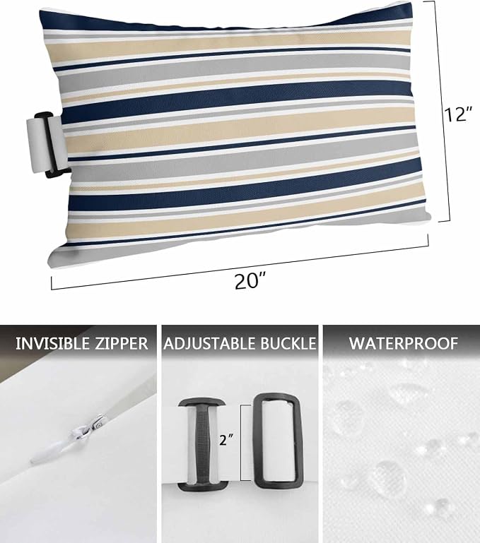 Pack of 4 Outdoor Lumbar Pillow Covers 12x20 Inch, Beige Navy Blue Striped Waterproof Throw Pillow Covers Set, Farmhouse Stripes Modern Abstract Art Decorative Cushion Cases for Patio Porch Car