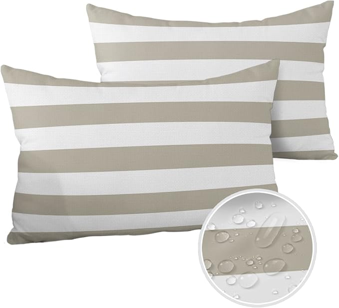Outdoor Waterproof Pillow Covers for Patio Furniture Classical Striped Decorative Throw Pillow Cover Beige Pillowcases Set of 2 Cushion Case for Sofa Couch Chair Home Decor 20 x 12 Inches