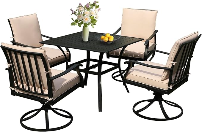 LVUYOYO 5-Piece Outdoor Patio Dining Set, Metal Swivel Chairs & Square Table Set, All-Weather Furniture for Backyard, Garden,Balcony,Porch (1 Square Table+ 4 Swivel Chairs)