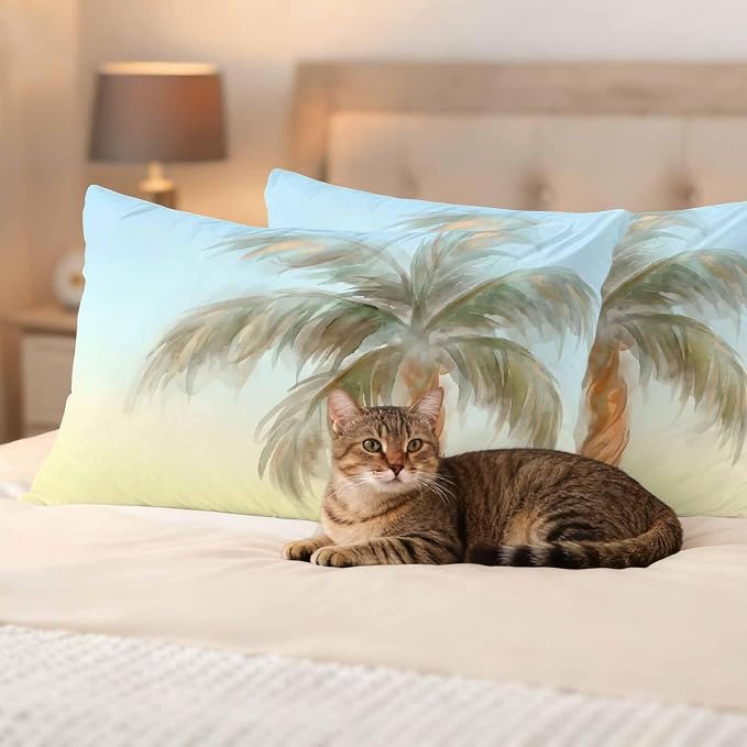 Yukro Summer Palm Tree Outdoor Waterproof Pillow Covers Pack of 2, Coastal Tropical Plant Watercolor Texture Throw Pillowcases Decorative Cushion Covers for Garden Patio Tent Sofa Couch, 20x12 inch