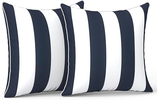 LVTXIII Outdoor Throw Pillows 18x18 Patio Waterproof Square Pillows with Piping Fade Resistant Accent Pillow for Spring Summer Garden Decoration, Set of 2, Cabana Navy