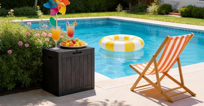 Vixzen 35 Gallon Black Rattan Deck Storage Box Waterproof Patio Bin