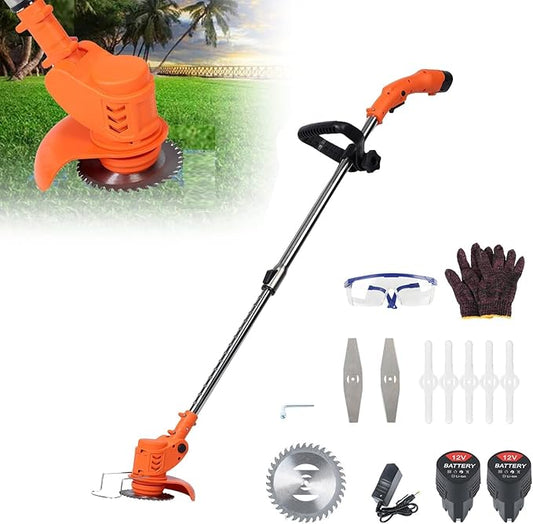 Cordless Weed Wacker, Electric Grass Trimmer 12V 2.0Ah Battery Powered Weed Trimmer, 3 in 1 Stringless Lightweight Brush Cutter/Edger/Mower with 3 Types Blade for Garden and Yard Lawn Care (Orange)