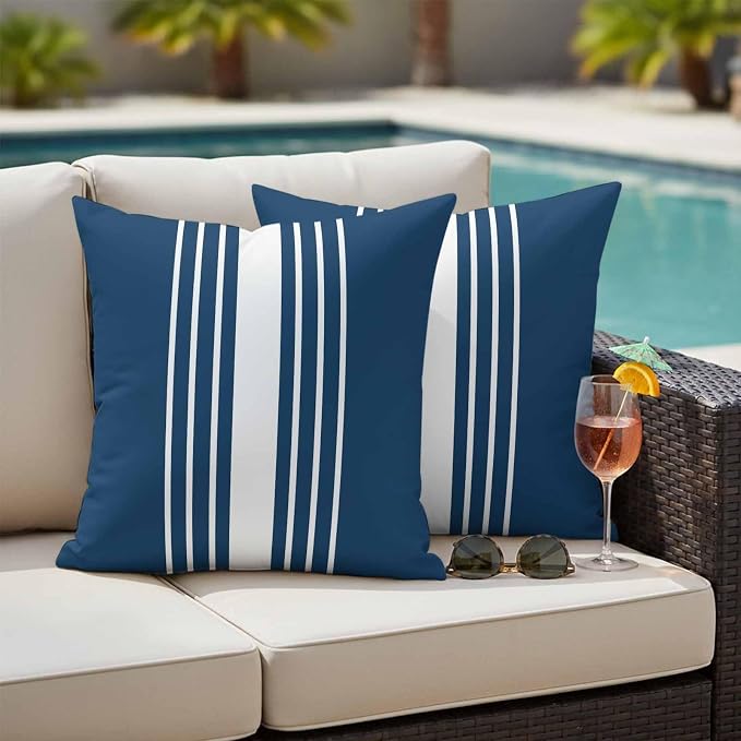 Navy Blue White Stripe Outdoor Pillow Covers 20x20 Inch Throw Pillow Covers Set of 2 Waterproof Decorative Pillow Cases Modern Rustic Vertical Striped Cushion Covers for Patio Furniture Garden Couch