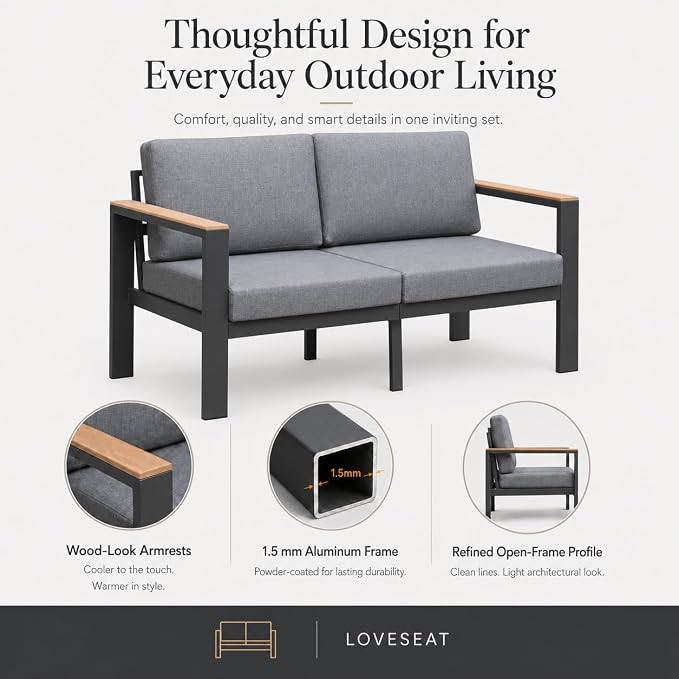 Aluminum Outdoor Patio Furniture Loveseat, All-Weather 2-Seat Patio Sofa with Rust-Resistant Frame and Water-Resistant Easy-Clean Cushions for Porch, Deck, Backyard, Gray