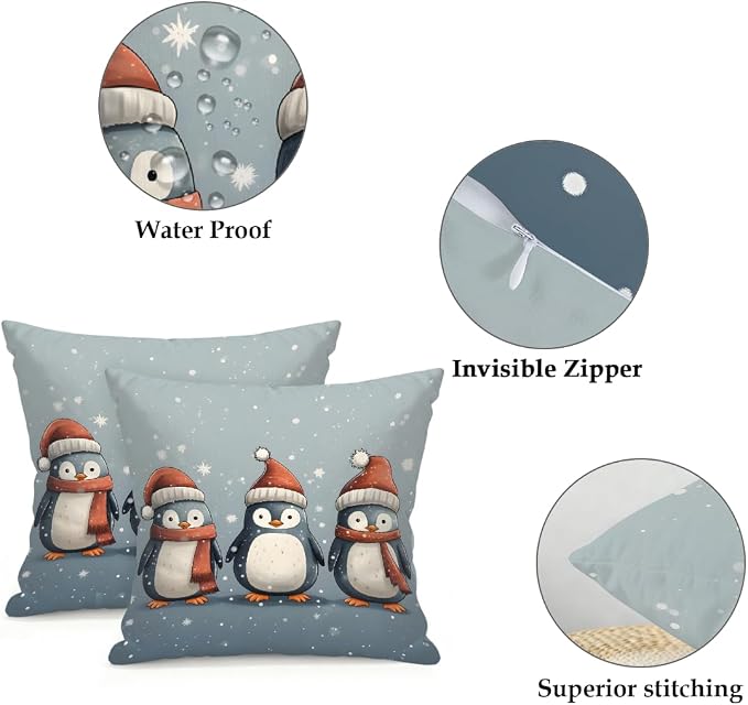 20x20 Inch Outdoor Pillow Covers Set of 2 Waterproof Throw Pillow Covers Decorative Couch Cushion Covers Christmas Penguin Square Pillowcases Protectors for Patio Garden Sofa