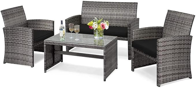 DORTALA 4 Piece Patio Furniture Set, Outdoor Wicker Conversation Set with Soft Cushions & Tempered Glass Coffee Table, Rattan Patio Sofa Bistro Sets for Courtyard Balcony, Black