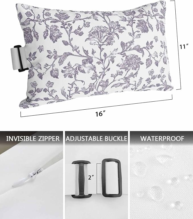 Pack of 2 Outdoor Lumbar Pillow Covers 11x16 Inch, Grey-Purple Flower Waterproof Throw Pillow Covers Set, Vintage Farmhouse Boho Leaf Spring Indoor&Outdoor Cushion Cases for Patio Porch Beach