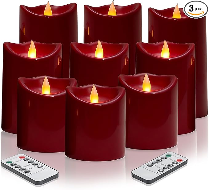 3 Pack Flameless Candles with Remote & Timer Ivory Outdoor Waterproof Led Pillar Candles(D3“x H 4”/5”/6”), Battery Operated Candles for Home & Holiday Party Decor (Red, 9 Pack)