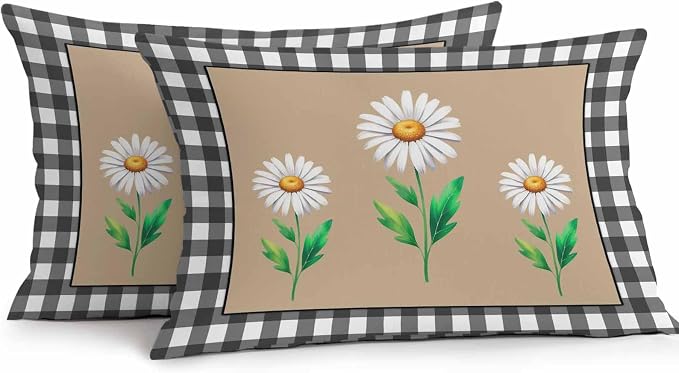 YOKOU Waterproof Throw Pillow Covers, Daisy Flowers Black White Buffalo Check Plaid Decorative Pillowcase Soft Cushion Case for Patio Couch Tent Balcony, Set of 2 Rectangle, 20"X12"