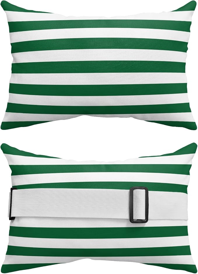 T&H XHome Outdoor Pillow for Chaise Lounge Chair, Christmas Green and White Stripe Waterproof Headrest Pillow Lumbar Pillows with Adjustable Elastic Strap for Beach, Poolside, Patio, Office (2 Pack)