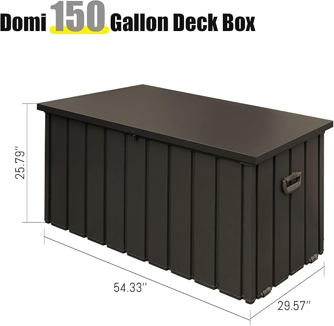 Domi 150 Gallon Deck Box Outdoor Storage Box, Lockable Storage Cabinet Deck Box Outdoor Waterproof, Large Metal Storage Bin for Patio Furniture Cushions Garden Tools Pool-Supplies, Brown