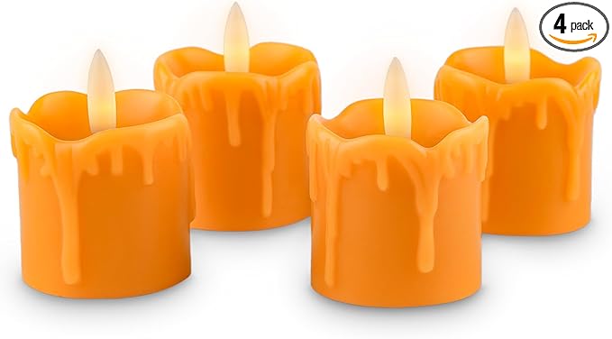 Rhytsing 2 inches Orange Flameless Votive Candles Real Wax Dripping Design, LED Faux Battery Operated Tealight Candles with Timer for Fall and Halloween, Batteries Included - Set of 4
