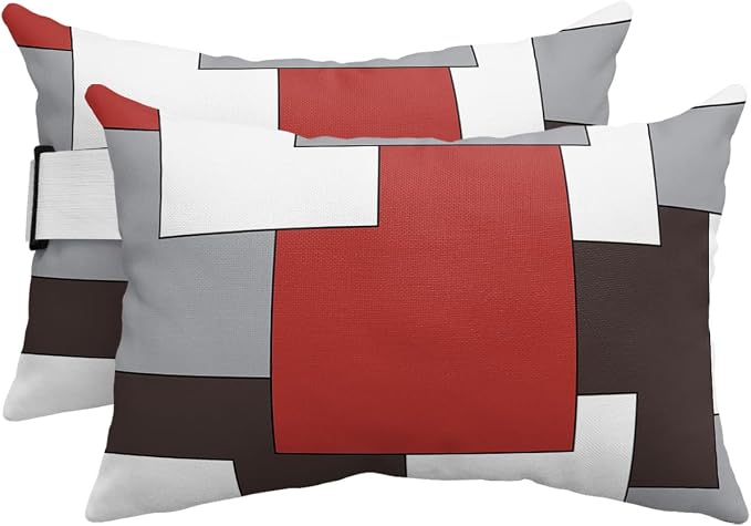 Outdoor Pillows Covers with Inserts Mid Century Absrtact Geometric Red Gery Brown Waterproof Recliner Pillow with Adjustable Strap Throw Pillows for Patio Furniture Pool Lounge Chair, 11x16 inch, 2PCS