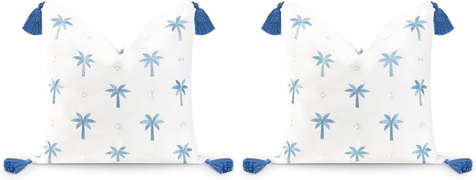 Hofdeco Premium Coastal Hampton Style Patio Indoor Outdoor Pillow Cover Only, 20"x20" Water Resistant for Backyard, Couch, Baby Blue Embroidered Palm Tree Tassel (Pack of 2)