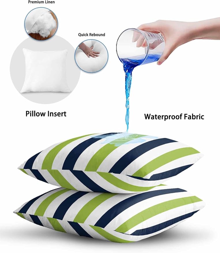 Outdoor Pillows Waterproof, Green Navy Blue Striped Bedding Throw Pillows with Insert for Couch Sofa Bed, Farmhouse Stripe Art 18x18 Inch Pillowcases Decorative Camping Patio Pillow Set of 2