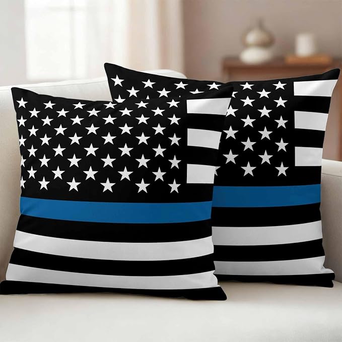 Blue Outdoor Waterproof Throw Pillow Covers Set of 2, 20"x20", Line Flag American Police Flag Honoring Law Enforcement Officers Decorative Pillow Covers Outside Cushion Case for Patio Porch Garden