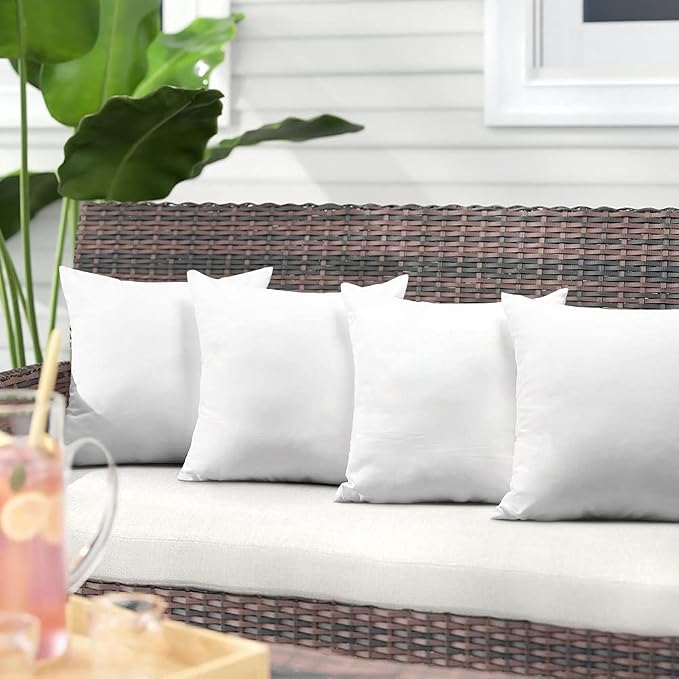 OTOSTAR Waterproof Throw Pillow Inserts 18x18 Inch, Set of 4 Water Resistant Square Form Cushion Stuffer for Garden, Bench, Patio - Decorative Outdoor Sofa Pillow Inserts White