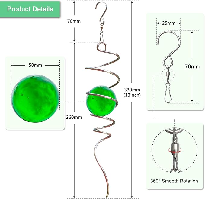 Wind Spinner Tail, Wind Spinners Stabilizer with Green Glass Orb, Gazing Ball Spiral, Sun Catcher Rainbow Maker Hanging Decoration Decor for Yard Garden, Saint Patrick's Day Gift Ideas