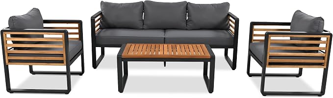 SOFTSEA 4-Piece Outdoor Patio Conversation Set with Coffee Table, Acacia Wood Patio Sofa Set with Thick Cushions & Metal Legs, All-Weather Patio Furniture Set for Backyard Garden Deck, Gray