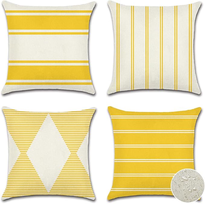OTOSTAR Outdoor Waterproof Pillow Covers 18x18 Inch Set of 4 Geometry Linen Decorative Throw Pillow Covers Square Cushion Case Garden Throw Pillow Cases Pillows for Patio Furniture Couch Tent (Yellow)
