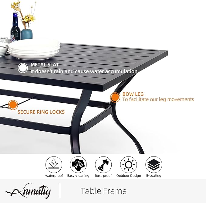 Anmutig 7 Piece Patio Dining Set, 60"X38" Rectangular Outdoor Table with 6 Mesh Stackable Black Chairs, All Weather