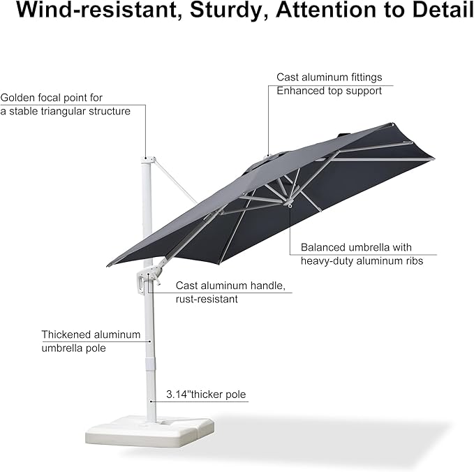 PURPLE LEAF 8 FT Patio Umbrella White Cantilever Umbrella Aluminum Square Outdoor Offset Umbrella Hanging Windproof with 360° Rotation for Garden Deck Pool, Light Grey