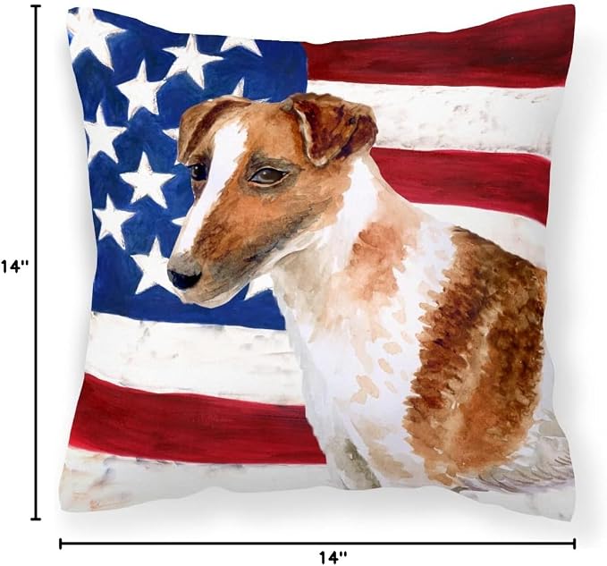 Caroline's Treasures BB9647PW1414 Smooth Fox Terrier Patriotic Fabric Decorative Pillow Machine Washable, Indoor Outdoor Decorative Pillow for Couch, Bed or Patio, 14Hx14W